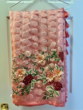 Pink Floral Embroidered Saree with Tassels